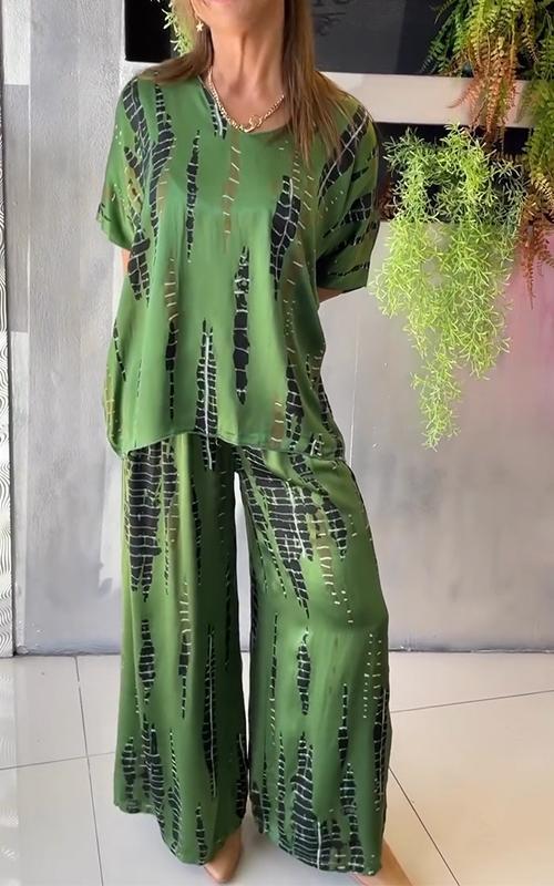 Conjunto de verão feminino estampado, roupa casual e confortável para lazer e moda.