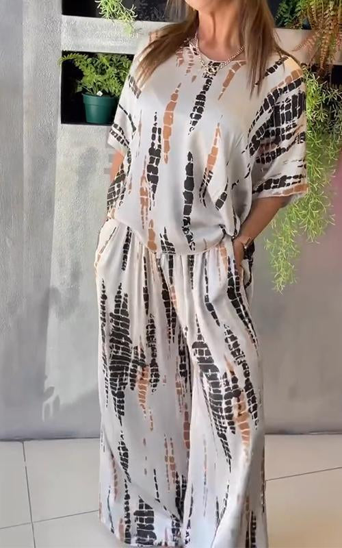 Roupa feminina casual estampada, conjunto de verão confortável e versátil para o dia a dia.