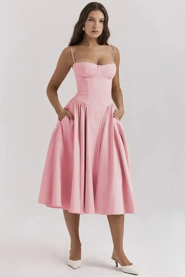Vestido midi vintage elegante para mulher, perfeito para festas ou uso casual de verão. Estilo charmoso.