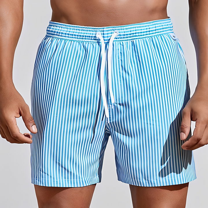 Bermuda masculina de verão Jando listrada. Roupa de praia ajustável, cores vibrantes, estilo e conforto.