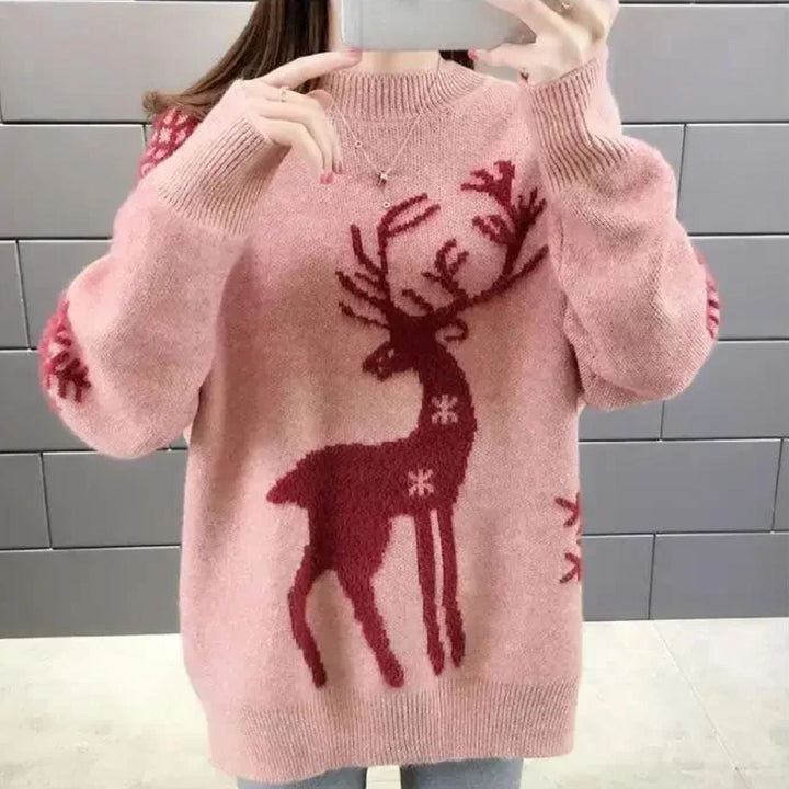Camisola de malha oversize para mulher com estampado festivo de rena, perfeita para o Natal e inverno.