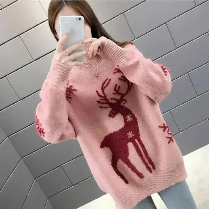 Camisola de malha oversize casual para mulher, com estampado de rena. Ideal para outono/inverno com conforto e estilo.