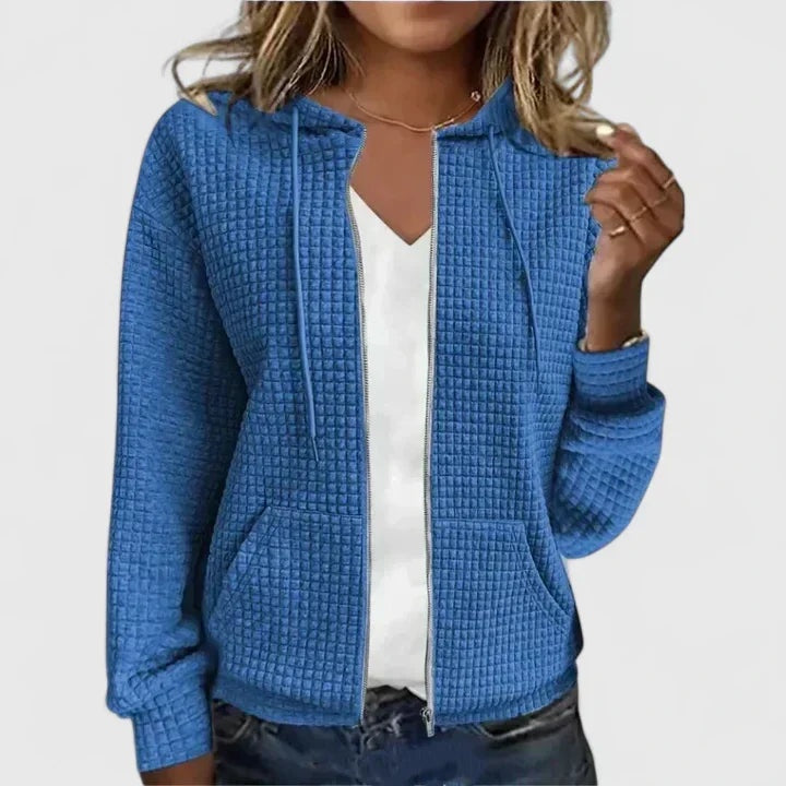 Casaco de malha feminino waffle com capuz e fecho, ideal para outono, confortável e casual para mulher.