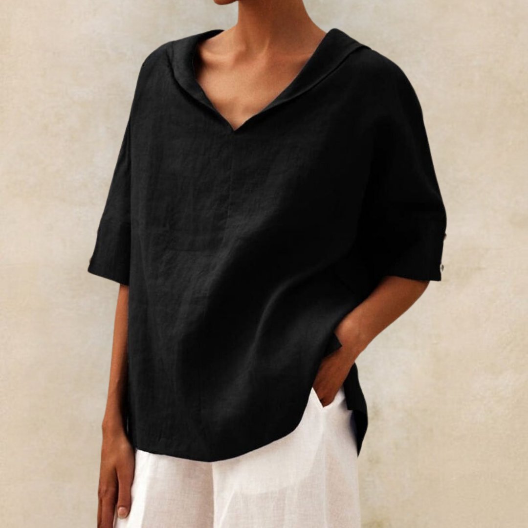 Blusa feminina gola V, peça chave da moda casual elegante. Conforto leve para a mulher, primavera verão.