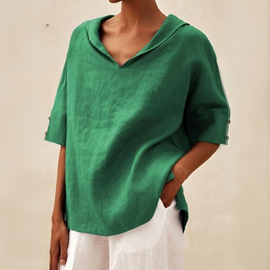 Blusa feminina elegante gola V, corte leve e confortável para primavera verão.