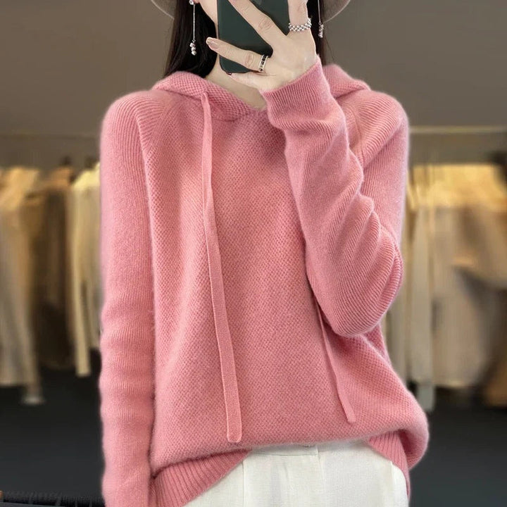 Camisola de malha feminina em lã merino com capuz, manga comprida, ideal para outono e inverno.