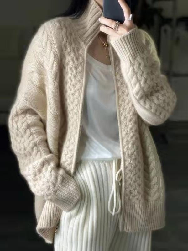 Cardigan feminino de inverno com gola alta, zíper frontal e tecido de malha super confortável.
