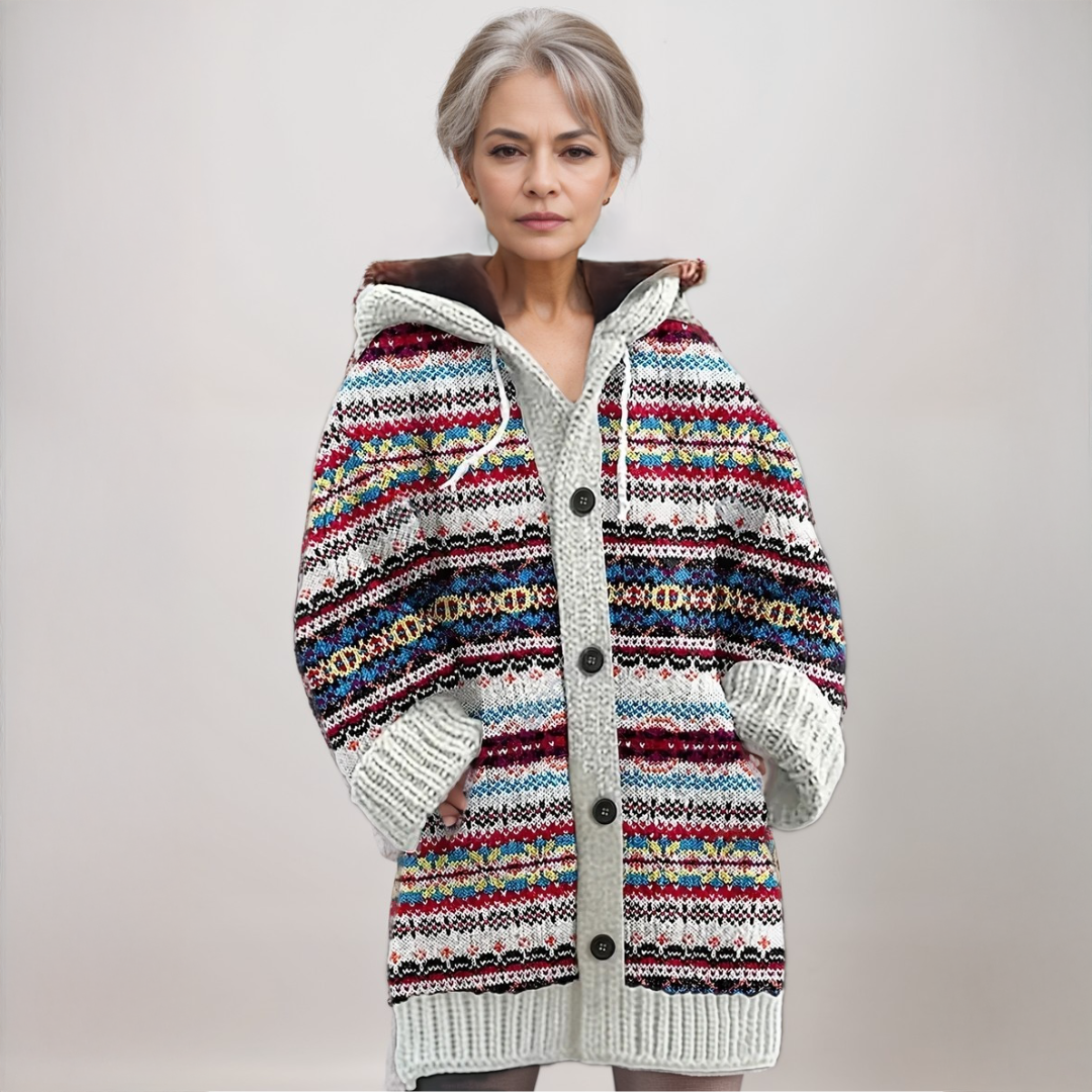 Casaco de malha estampado feminino, com capuz e botões, perfeito para outono/inverno e conforto.