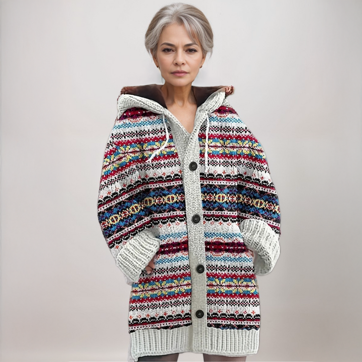 Casaco de malha estampado feminino, com capuz e botões, perfeito para outono/inverno e conforto.