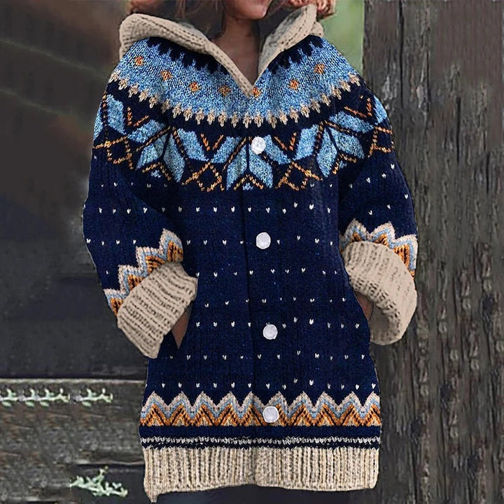 Casaco feminino de malha estampado multicolor, estilo folk, com capuz e botões para o outono.