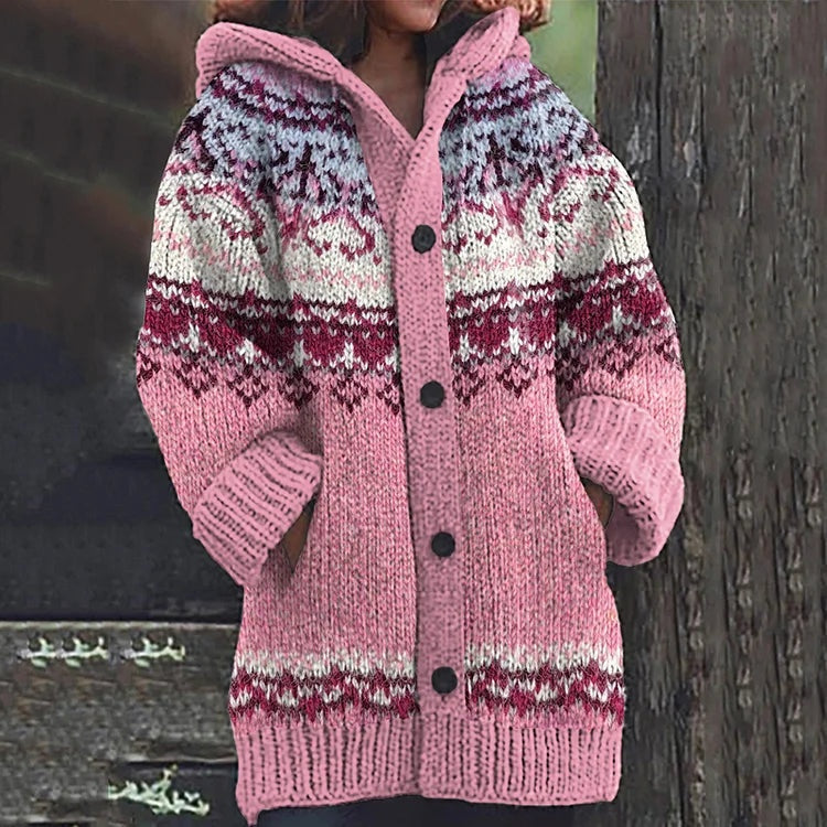 Casaco de malha estampado feminino, multicolor e com capuz, botões, ideal para vestuário de outono/inverno.