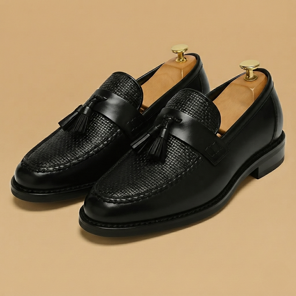 Calçado masculino formal: loafers de couro elegantes com borlas, ideais para conforto e estilo sofisticado.