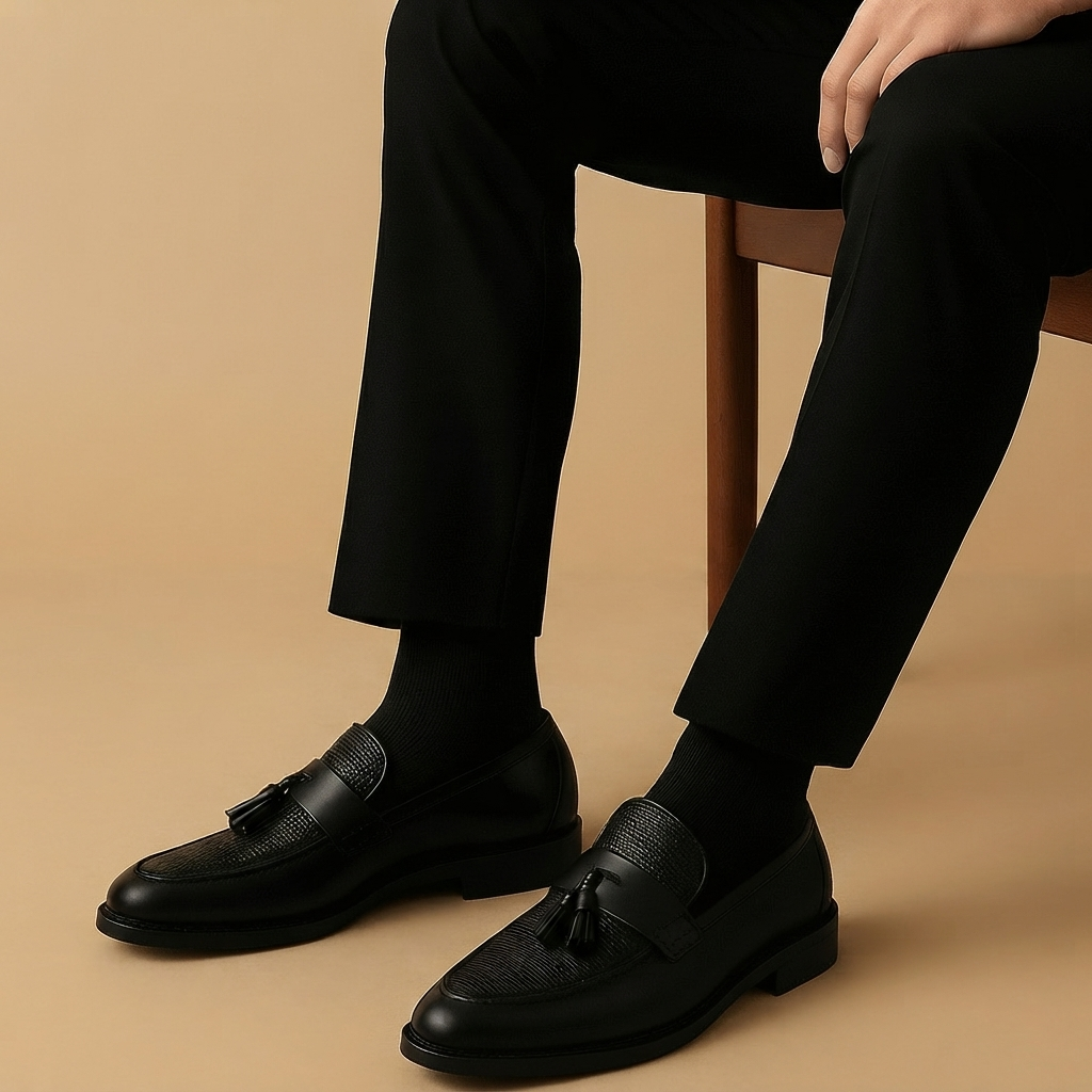 Loafers de couro masculinos com textura trançada e borlas, perfeitos para um look elegante e versátil.