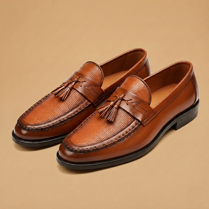 Loafers masculinos smart-casual de couro com borlas distintas e design trançado, unindo estilo e praticidade.