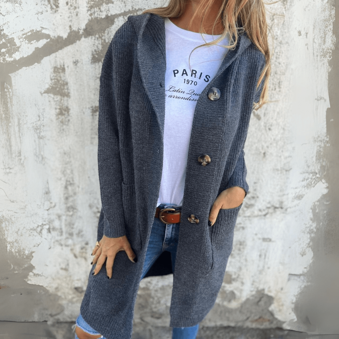 Vestuário feminino: casaco longo elegante e versátil para primavera, perfeito como jaqueta leve ou cardigan.