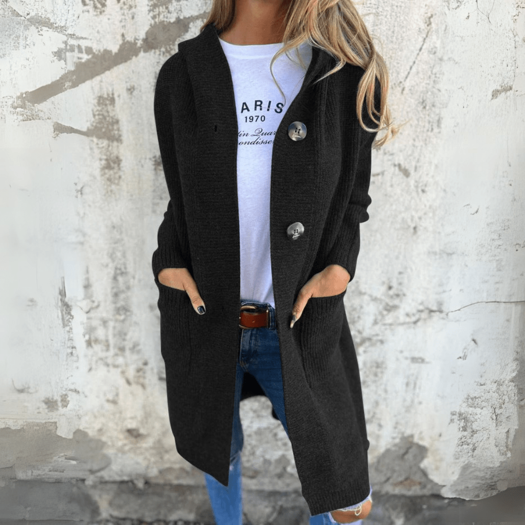 Cardigan feminino longo e confortável. Um casaco elegante de primavera para vestuário e estilo feminino.