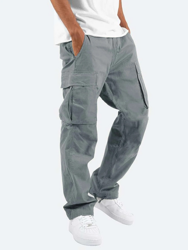 Calças cargo de perna reta para homem, cor verde escuro, oferecem conforto e versatilidade para o dia a dia casual.