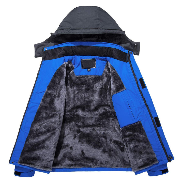 Casaco impermeável outdoor para homem, com capuz e forro. Ideal para ski, montanha e proteção no inverno frio.