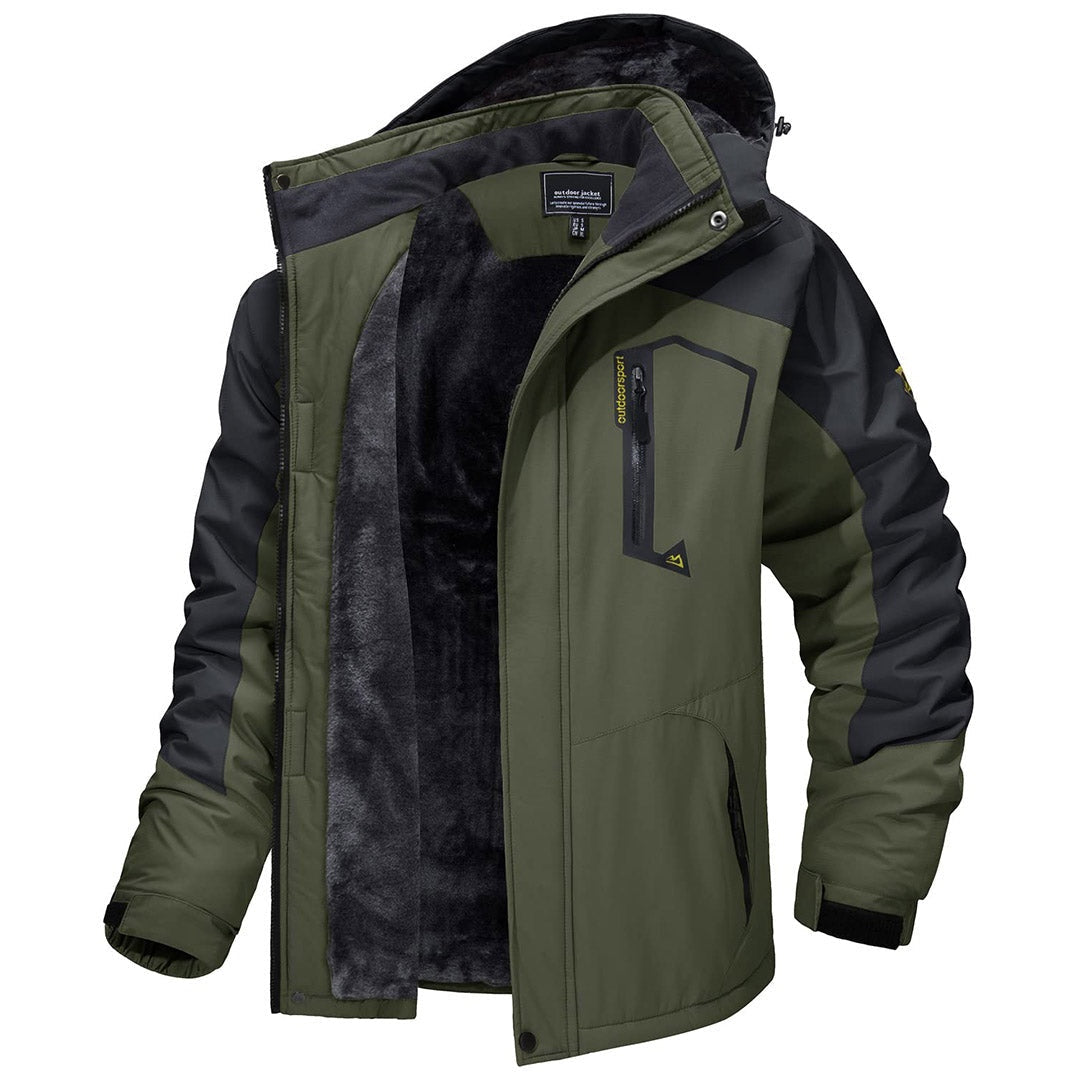 Casaco impermeável térmico para homem, com forro em fleece e capuz. Ideal para ski, montanha e aventura outdoor.