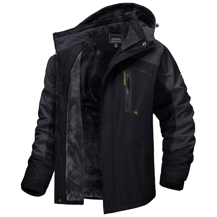 Casaco impermeável de homem para outdoor, com capuz. Forrado para inverno, ski, montanha e proteção em trilhos.
