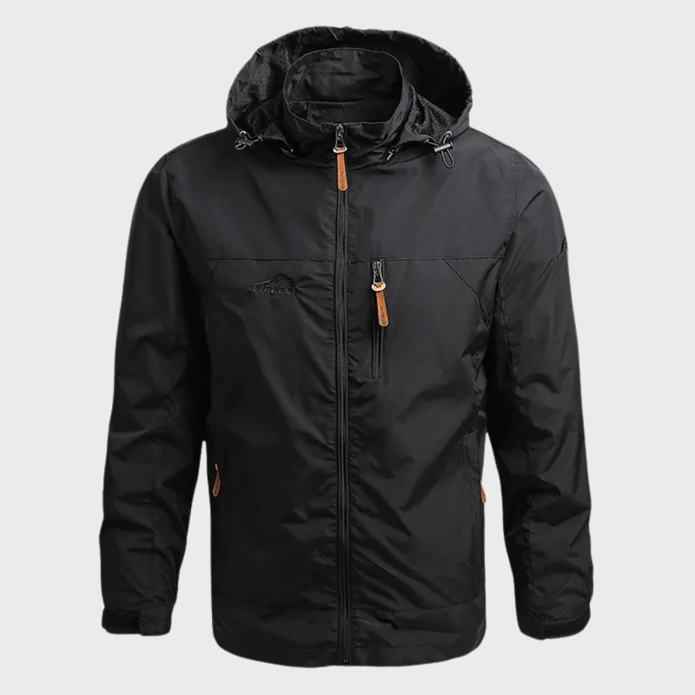 Casaco impermeável masculino preto com capuz, ideal para chuva e vento, perfeito para exterior e dia a dia.