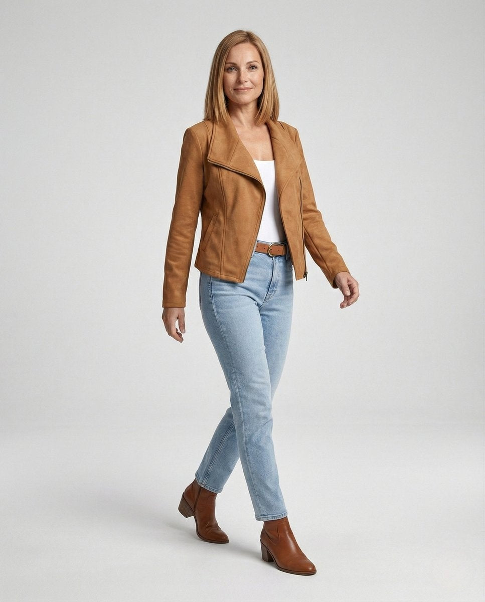 Casaco feminino de camurça sintética estilo biker, perfeito para outono e primavera.