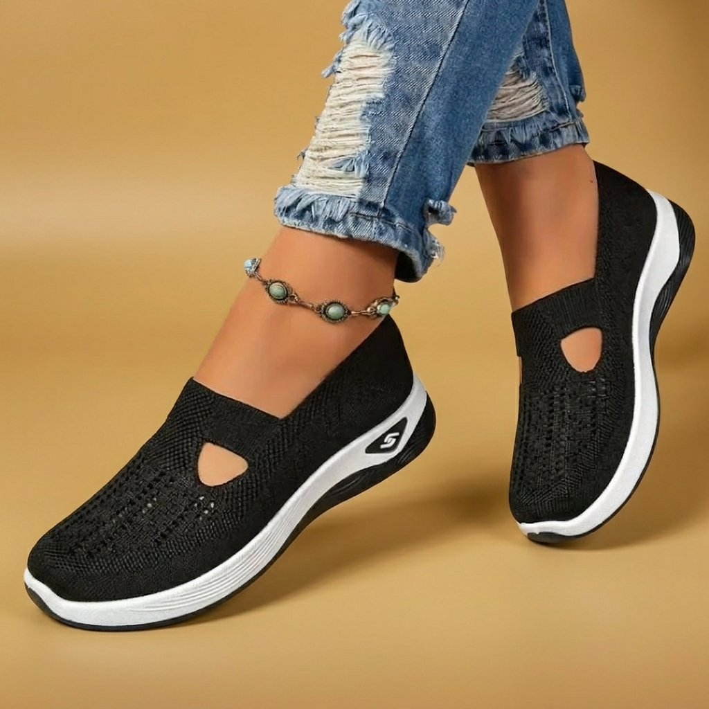 Sapatilhas femininas slip-on com malha respirável, garantindo pés frescos e leves todo o dia.