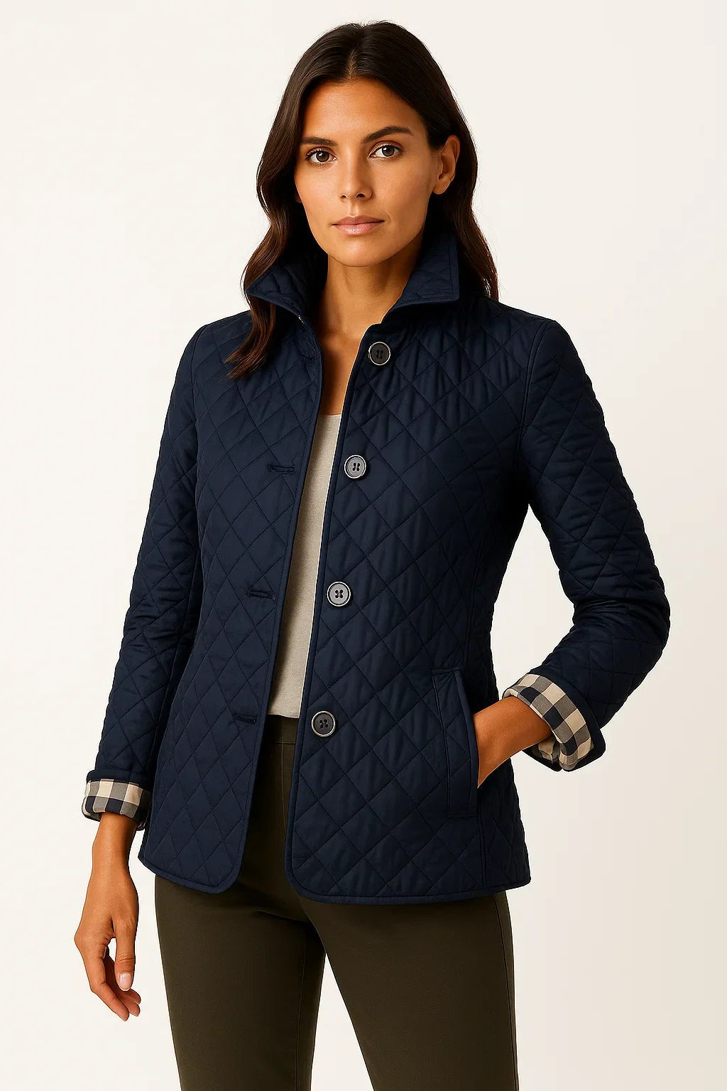 Casaco acolchoado matelassê feminino com gola alta e botões, ideal para outono/inverno, oferece conforto e estilo.