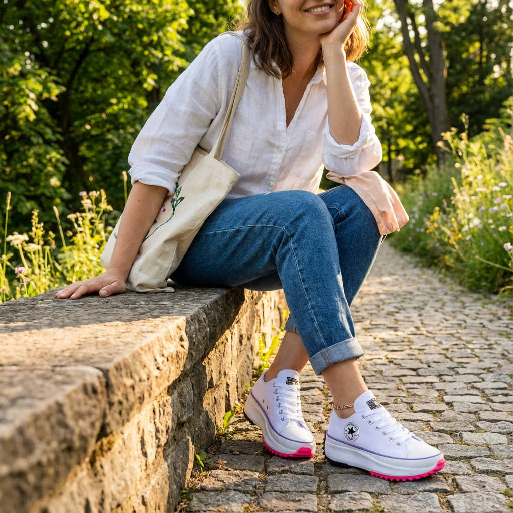 Calçado feminino moda: Sapatilhas de plataforma com cordões e sola dentada. Conforto e estilo para o dia a dia.