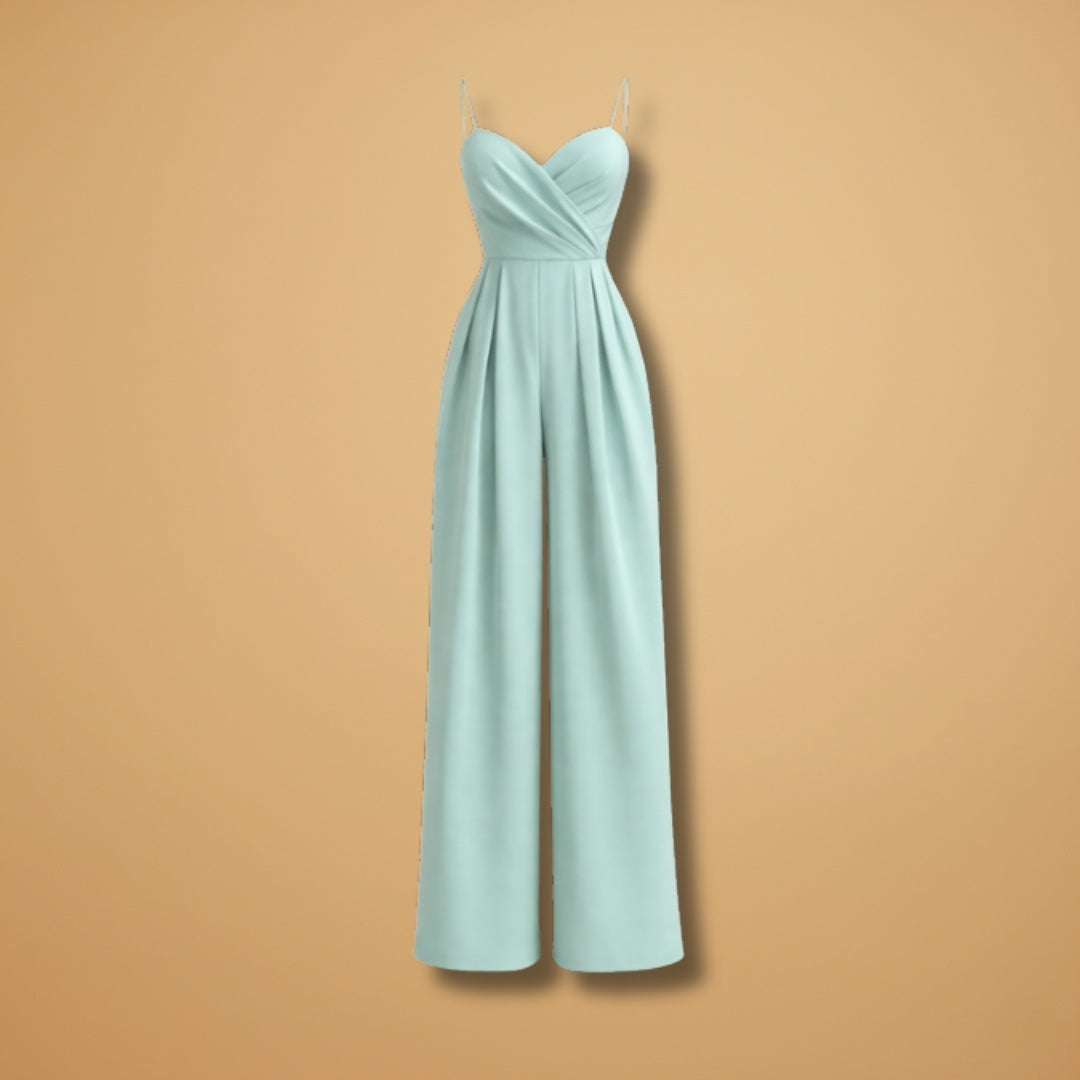 Macacão comprido feminino elegante com decote coração e alças finas, perfeito para o verão.