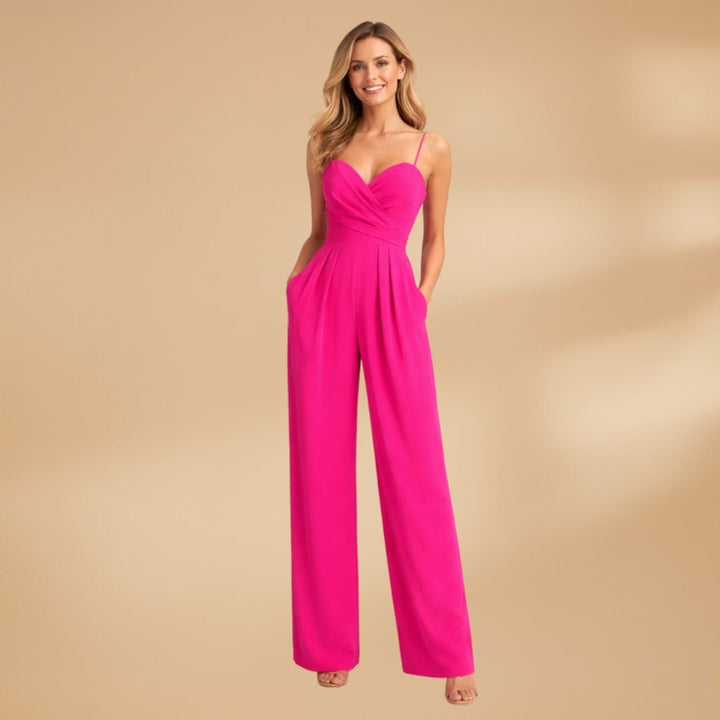 Macacão longo feminino com decote coração e alças finas, para um estilo versátil de verão.