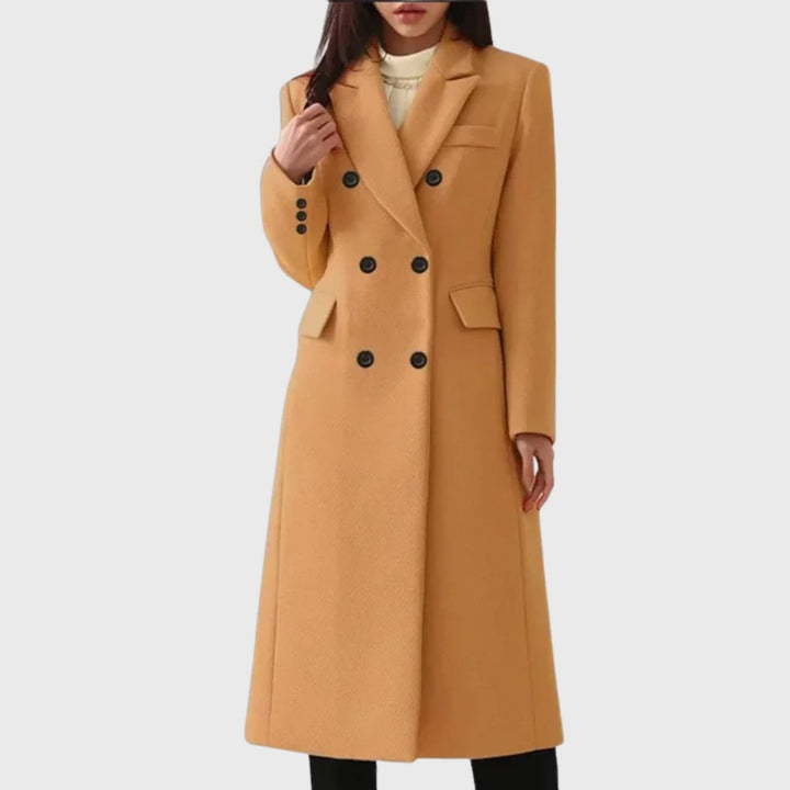 Sobretudo de lã feminino comprido com dupla abotoadura, ideal para o inverno. Elegante e clássico.