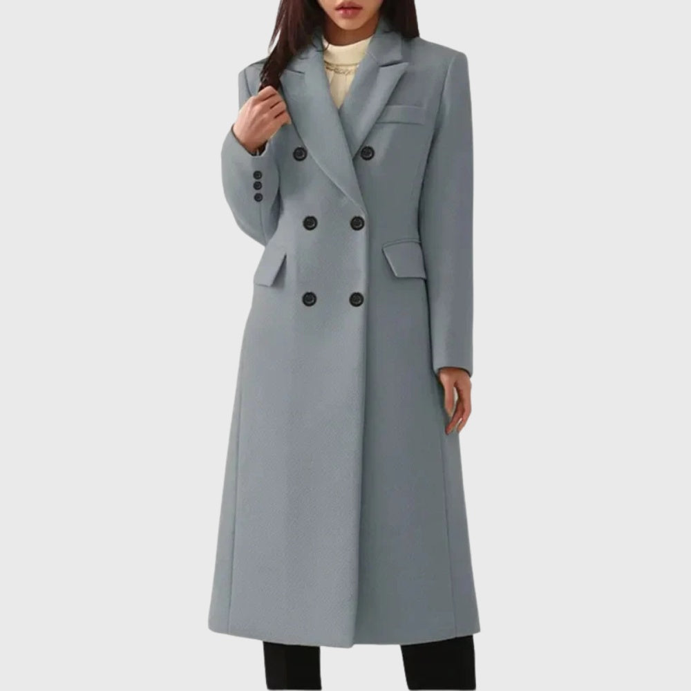 Sobretudo feminino clássico de lã, comprido, com abotoadura dupla, ótimo para dias frios de inverno.