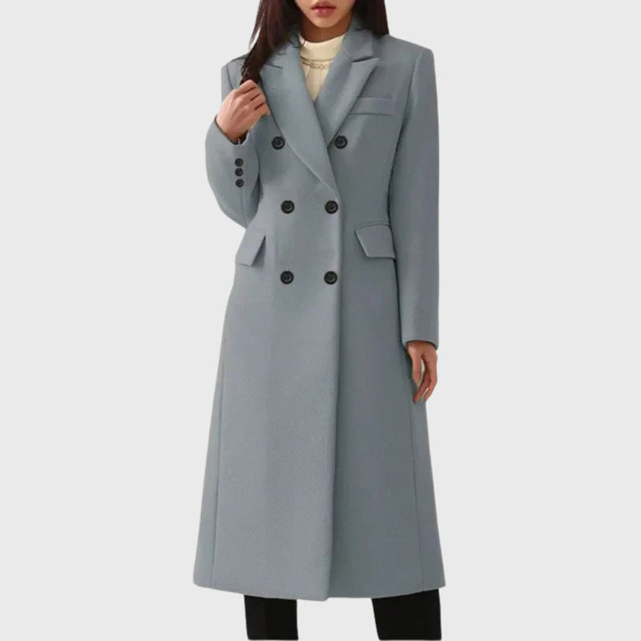 Sobretudo feminino clássico de lã, comprido, com abotoadura dupla, ótimo para dias frios de inverno.