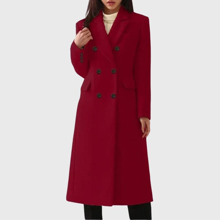 Casaco de lã feminino clássico e comprido com dupla abotoadura, perfeito para um look sofisticado no inverno.