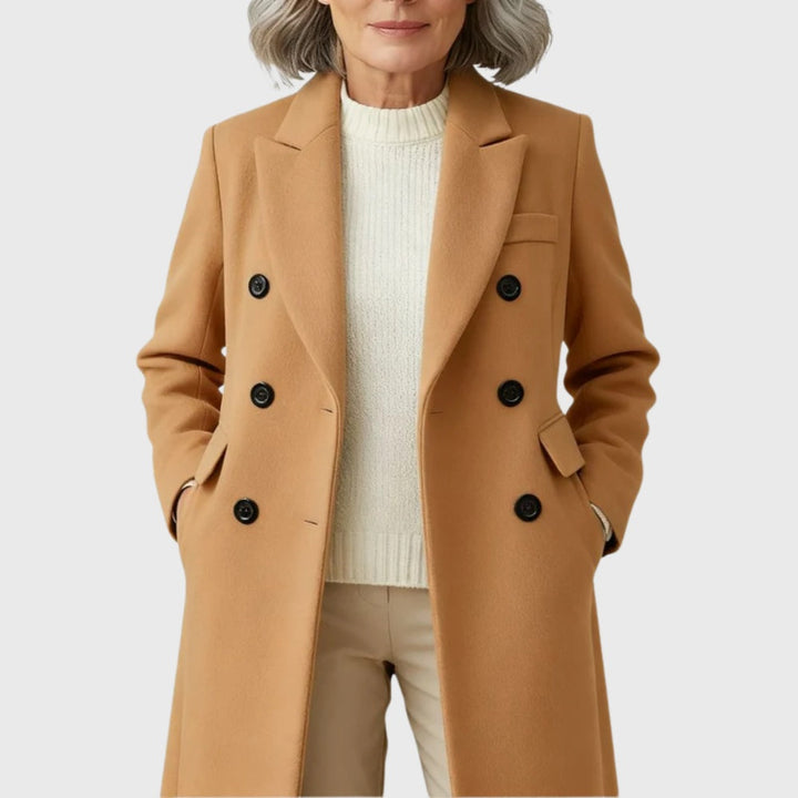 Casaco de lã feminino elegante e comprido, com botões duplos, perfeito para a moda inverno.