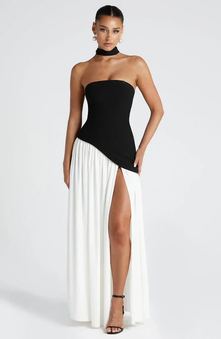 Vestido de festa feminino, longo, com fenda, para ocasiões especiais e elegantes.