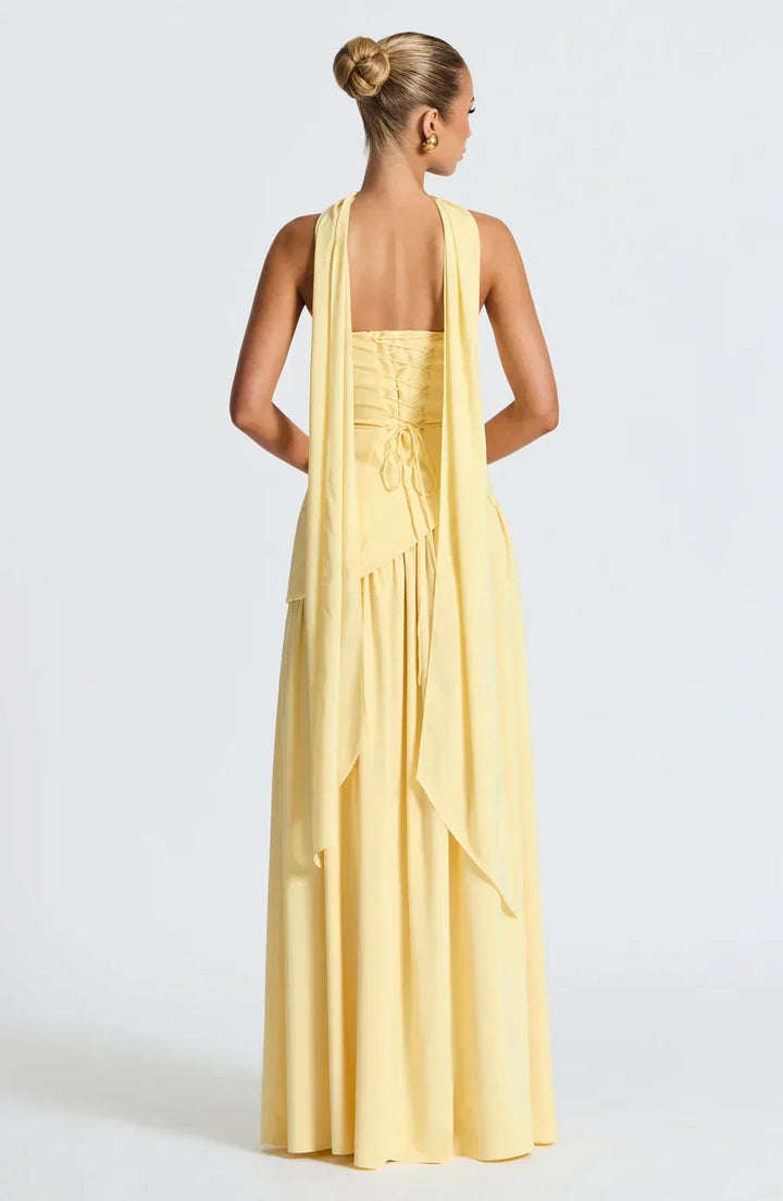 Vestido de festa feminino elegante, estilo maxi, ideal para eventos noturnos de verão, sem alças.