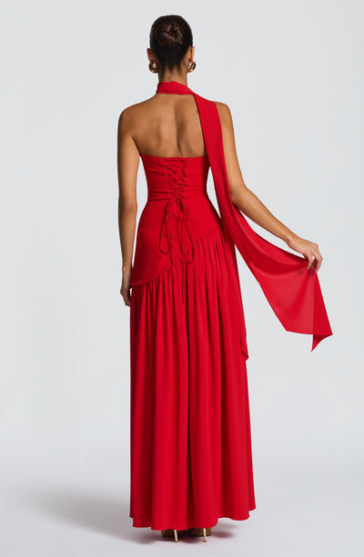 Vestido de noite longo, elegante, moda feminina, com fenda e design sem alças.