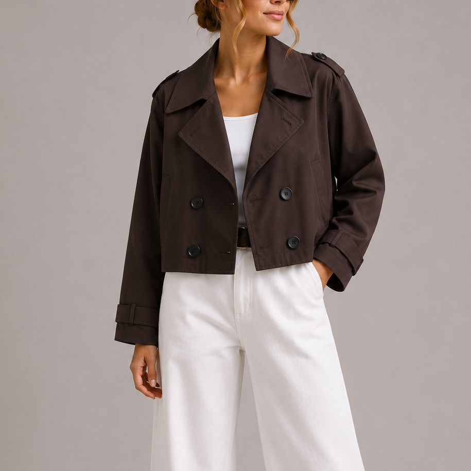 Trench coat curto feminino bege com dupla botonadura, perfeito para outono/primavera e estilo urbano elegante.