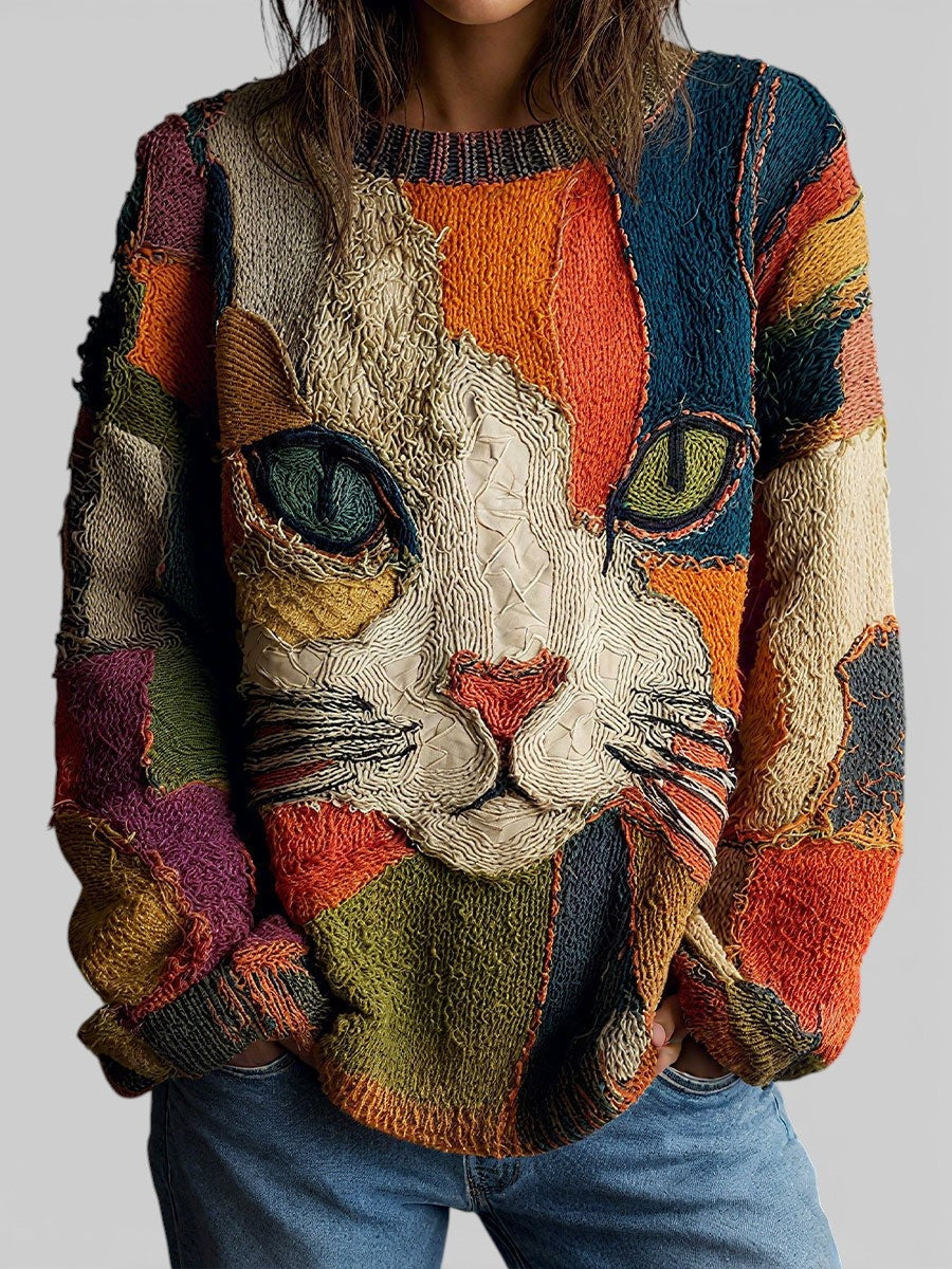 Camisola feminina de malha estampada com gato, manga comprida. Ideal para conforto casual no outono/inverno.
