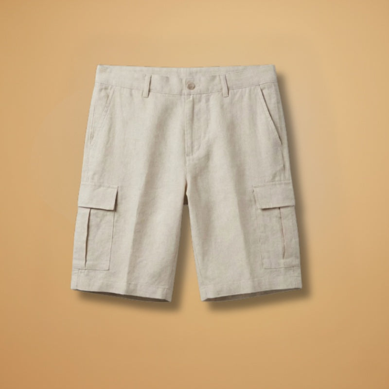 Calções cargo de linho masculino com bolsos laterais, ideais para verão e casual. Conforto e estilo garantidos.