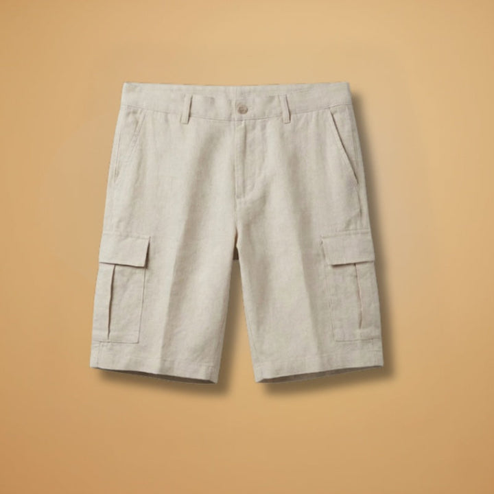 Calções cargo de linho masculino com bolsos laterais, ideais para verão e casual. Conforto e estilo garantidos.