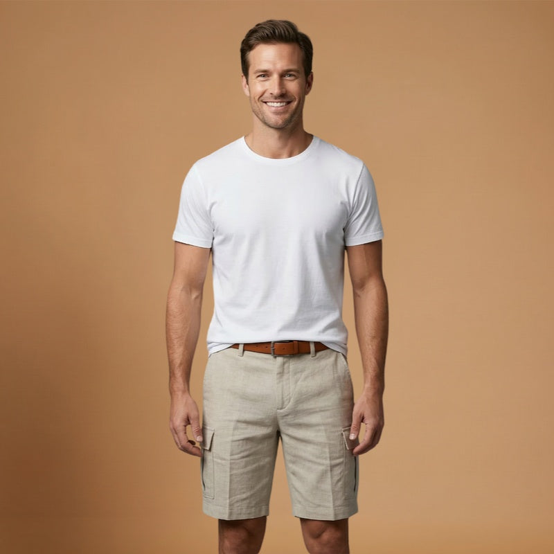 Calções de linho masculino respiráveis, perfeitos para os dias quentes de verão. Leveza e conforto garantidos.