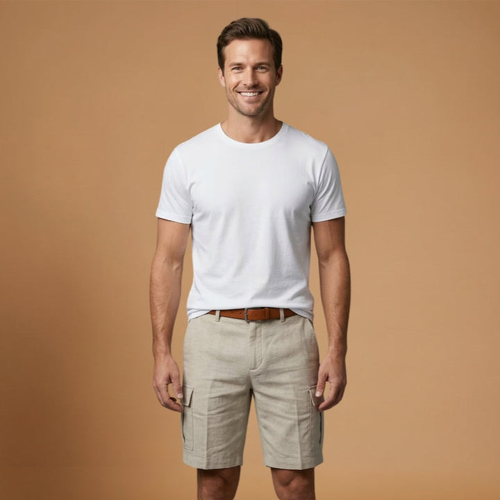 Calções de linho masculino respiráveis, perfeitos para os dias quentes de verão. Leveza e conforto garantidos.