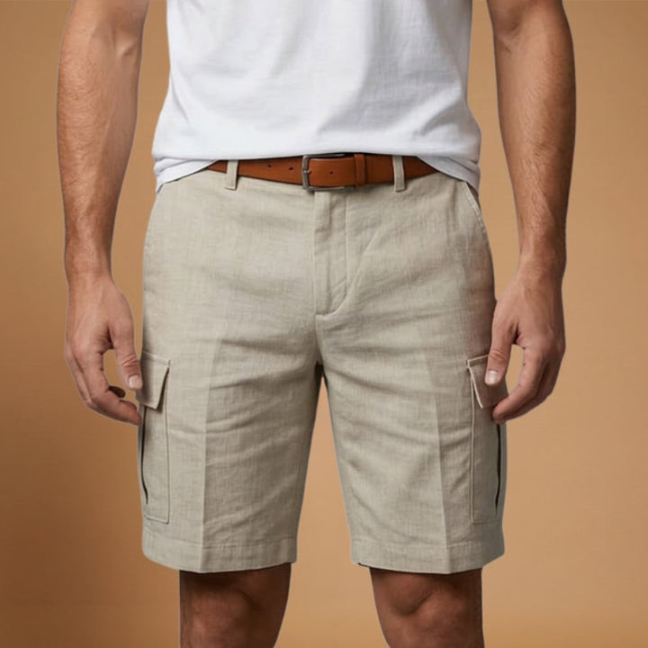 Calções cargo de linho masculinos para um look casual de verão ou praia. Moda e conforto para dias quentes.