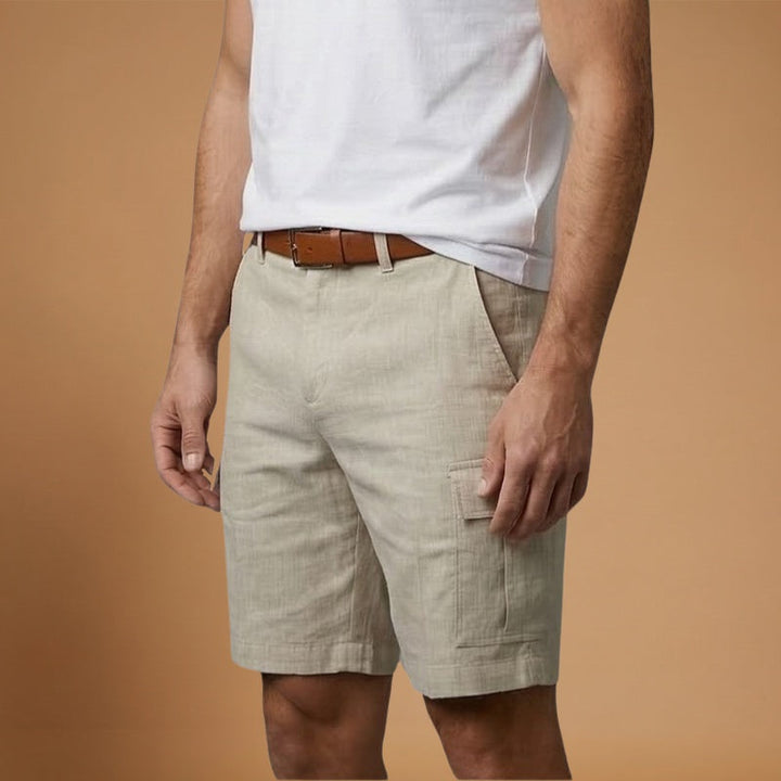 Calções de linho cargo masculino, oferecendo respirabilidade e máximo conforto para o seu estilo de verão.