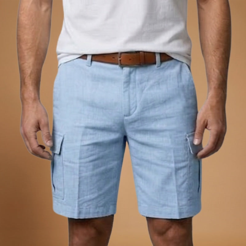 Calções cargo de linho masculino versáteis, perfeitos para looks casuais de verão, da praia à cidade.