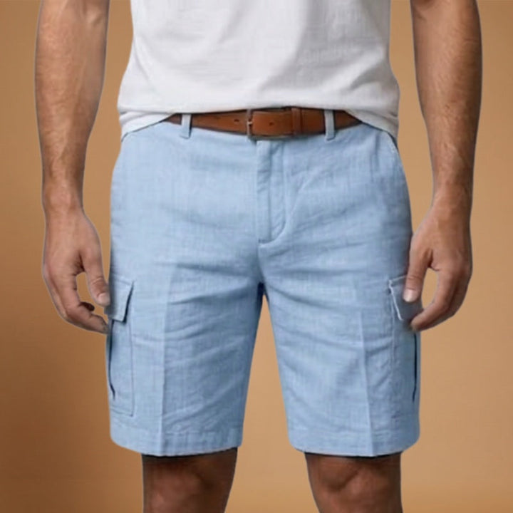 Calções cargo de linho masculino versáteis, perfeitos para looks casuais de verão, da praia à cidade.