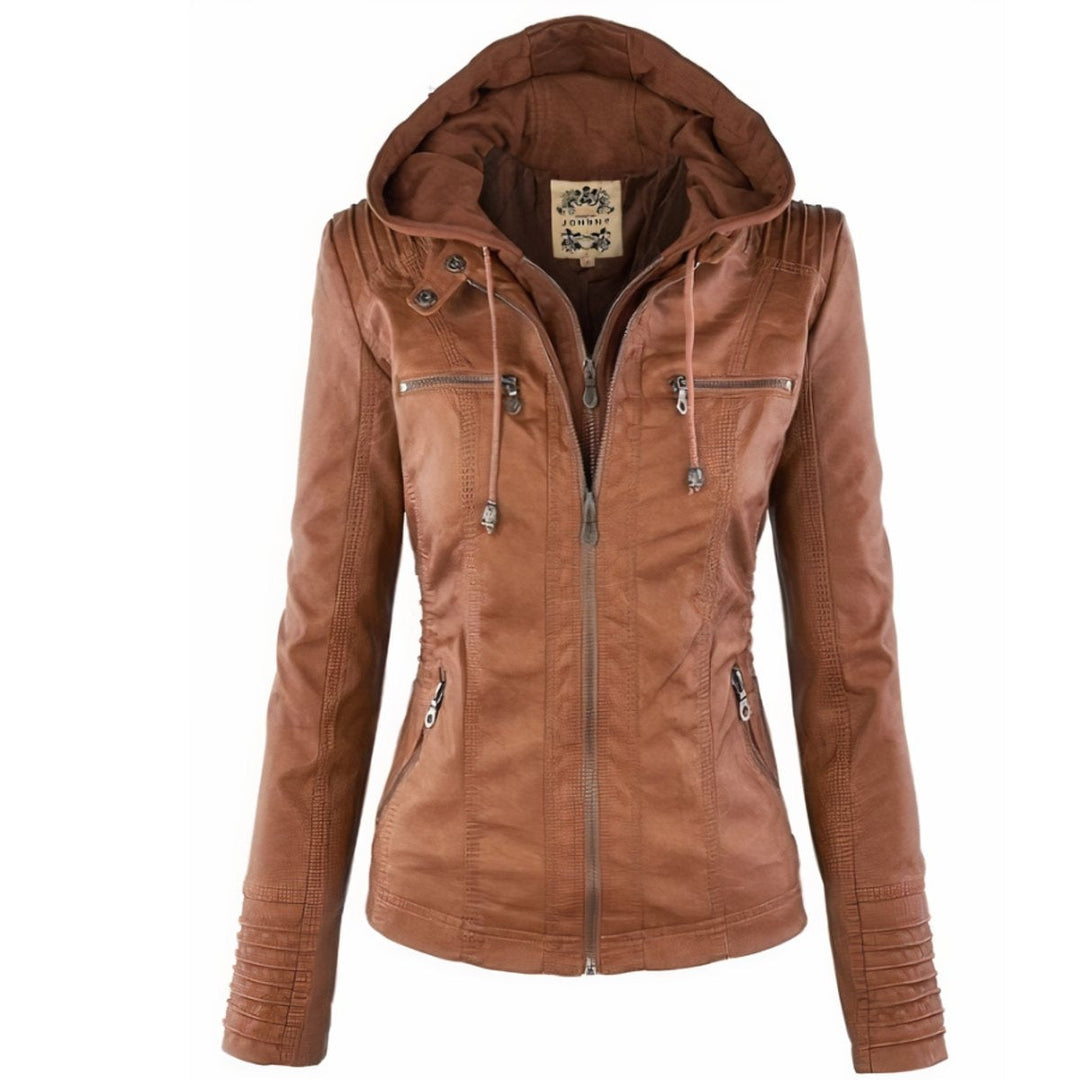 Casaco de couro sintético feminino biker com capuz, perfeito para estilo urbano outono/primavera.